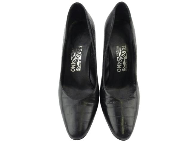 【30％OFF★土日ひと休み大売り出し】サルヴァトーレフェラガモ Salvatore Ferragamo パンプスクロコ調 ♯6C ハイヒール 黒いこと しろがね色 レディース 中古