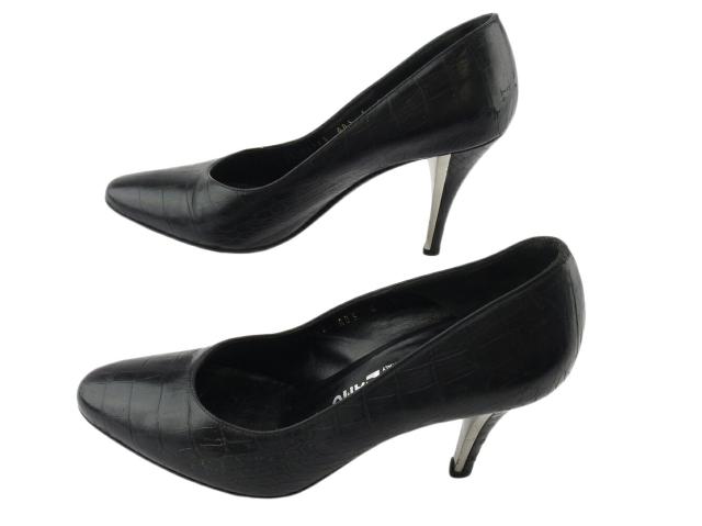 【30％OFF★土日ひと休み大売り出し】サルヴァトーレフェラガモ Salvatore Ferragamo パンプスクロコ調 ♯6C ハイヒール 黒いこと しろがね色 レディース 中古
