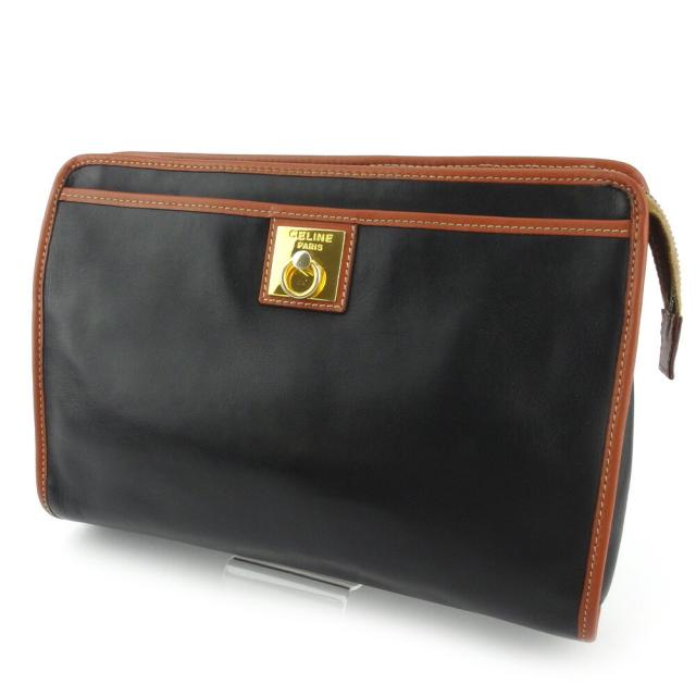 【BIGお買い物ラリー★30%OFFセール中】セリーヌ CELINE クラッチバッグロゴプレート ブラック ブラウン ゴールド レディース 中古