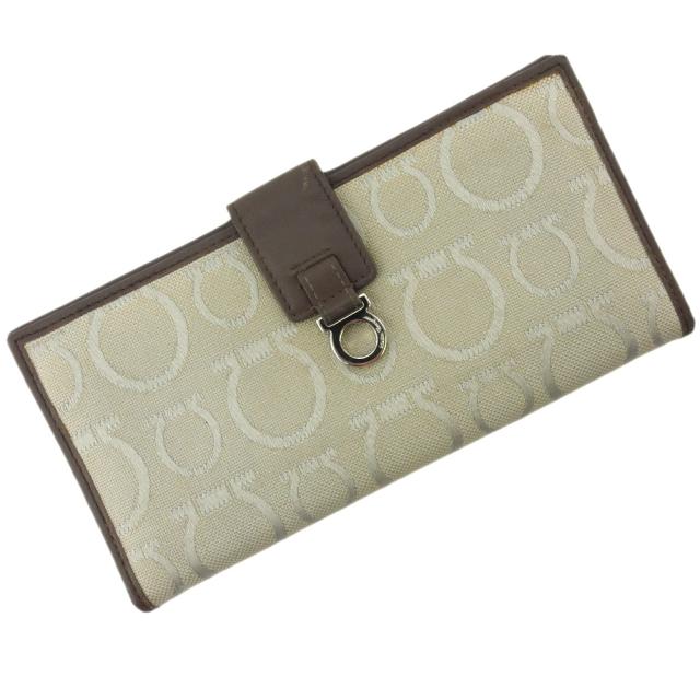 【BIGお買い物ラリー★30%OFFセール中】サルヴァトーレフェラガモ Salvatore Ferragamo 長財布ガンチーニ グレー 灰色 シルバー レディース 中古