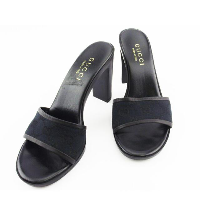 【BIGお買い物ラリー★30%OFFセール中】グッチ GUCCI サンダルGGキャンバス ♯36C チャンキーヒール ブラック レディース 中古