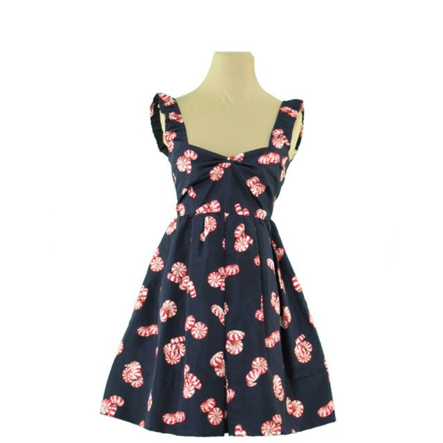 【BIGお買い物ラリー★30%OFFセール中】ミュウミュウ MIUMIU ワンピースキャンディ柄 ♯38サイズ フレアー ミニ ネイビー レッド ホワイト 白 レディース 中古