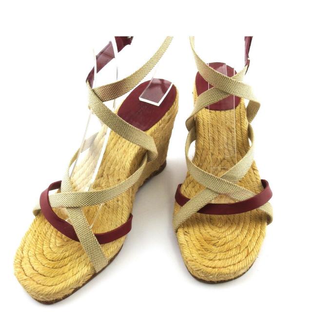 【X'masセール★30%OFF】エルメス HERMES サンダルクロスデザイン ♯36 ウェッジソール ベージュ ボルドー シルバー レディース 中古