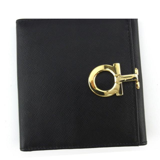 【BIGお買い物ラリー★30%OFFセール中】サルヴァトーレフェラガモ Salvatore Ferragamo 二つ折り財布ガンチーニ ブラック ゴールド レディース 中古