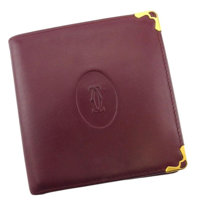 【BIGお買い物ラリー★30%OFFセール中】カルティエ CARTIER 二つ折り財布マストライン ボルドー ゴールド レディース 中古