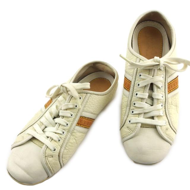 【BIGお買い物ラリー★30%OFFセール中】ルイ・ヴィトン LOUIS VUITTON スニーカーLV柄ライン入り ♯34ハーフ ローカット ホワイト 白 ベージュ レディース 中古
