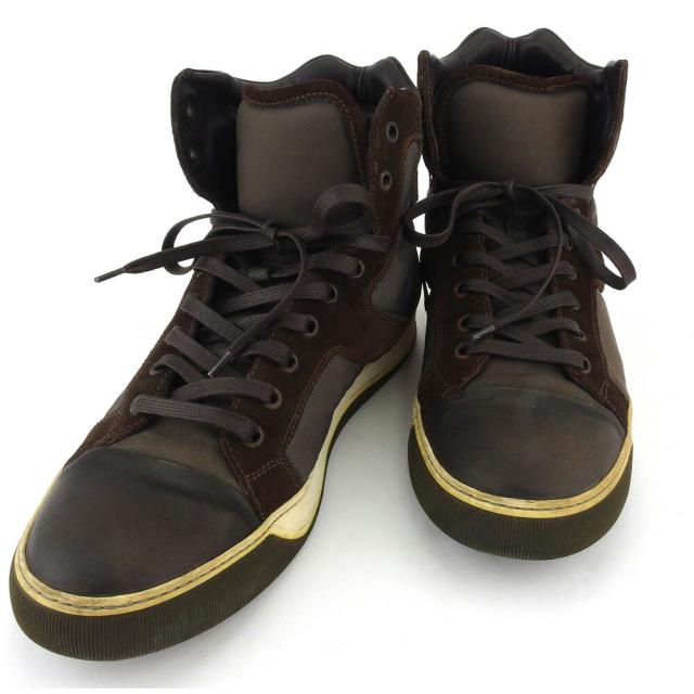 【X'masセール★30%OFF】ランバン LANVIN スニーカーハイカット ♯7 異素材コンビ ブラウン ベージュ レディース 中古
