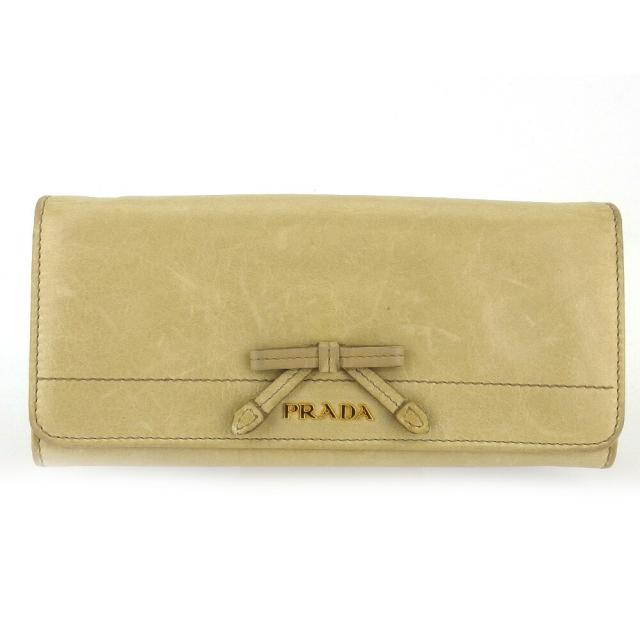 【BIGお買い物ラリー★30%OFFセール中】プラダ PRADA 長財布リボンモチーフ ベージュ レディース 中古