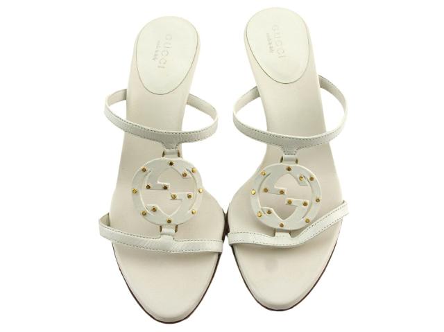 【週末セール★30％OFF】グッチ GUCCI サンダルダブルG ♯34ハーフC インターロッキングGマーク ホワイト 白 ベージュ ゴールド レディース 中古_1