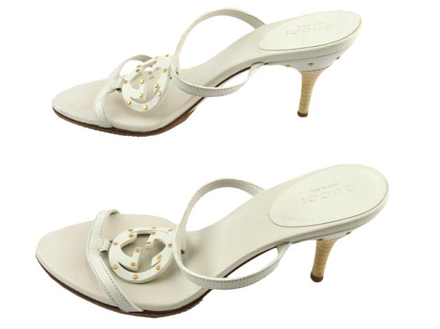 【週末セール★30％OFF】グッチ GUCCI サンダルダブルG ♯34ハーフC インターロッキングGマーク ホワイト 白 ベージュ ゴールド レディース 中古_4