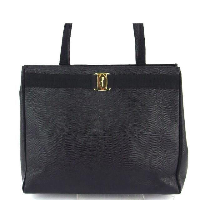 【BIGお買い物ラリー★30%OFFセール中】サルヴァトーレフェラガモ Salvatore Ferragamo トートバッグヴァラ リザード調 ブラック ゴールド レディース 中古