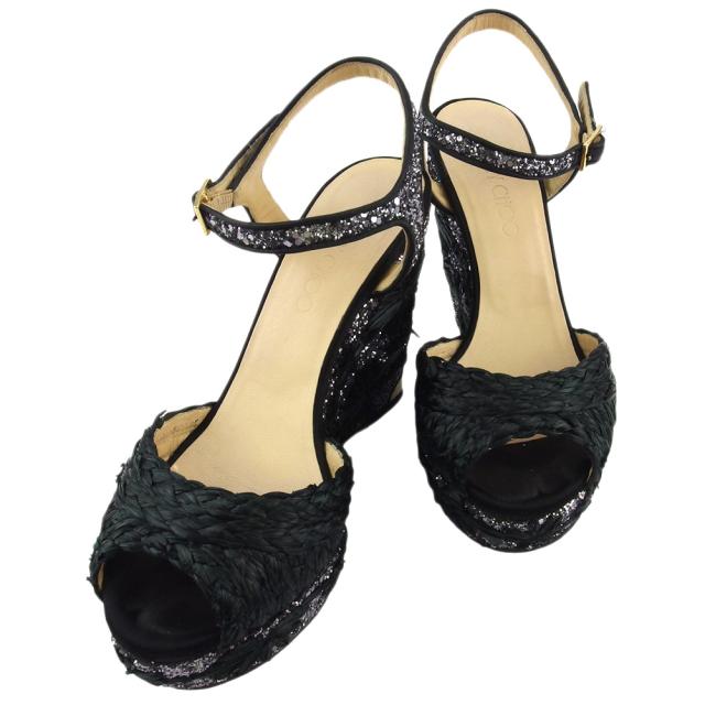 【X'masセール★30%OFF】ジミーチュウ JIMMY CHOO サンダルグリッター ♯38 ウェッジソール ブラック グレー 灰色 ゴールド レディース 中古