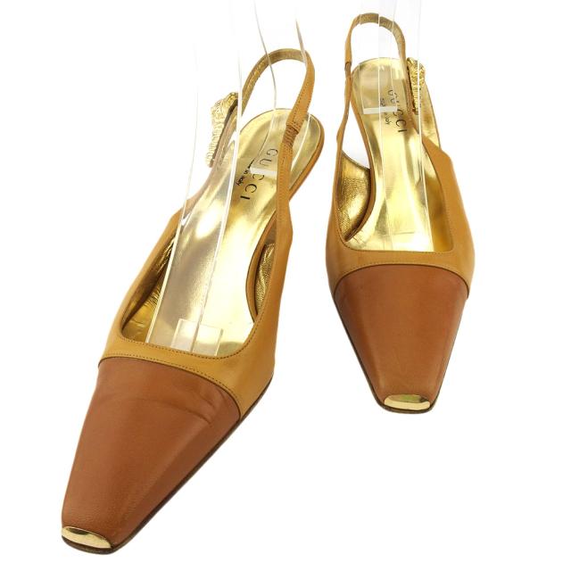 【X'masセール★30%OFF】グッチ GUCCI パンプスタイガーヘッド ♯38ハーフC スクエアトゥ ベージュ ブラウン ゴールド レディース 中古