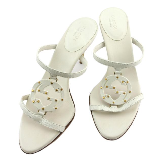 【BIGお買い物ラリー★30%OFFセール中】グッチ GUCCI サンダルダブルG ♯34ハーフC インターロッキングGマーク ホワイト 白 ベージュ ゴールド レディース 中古