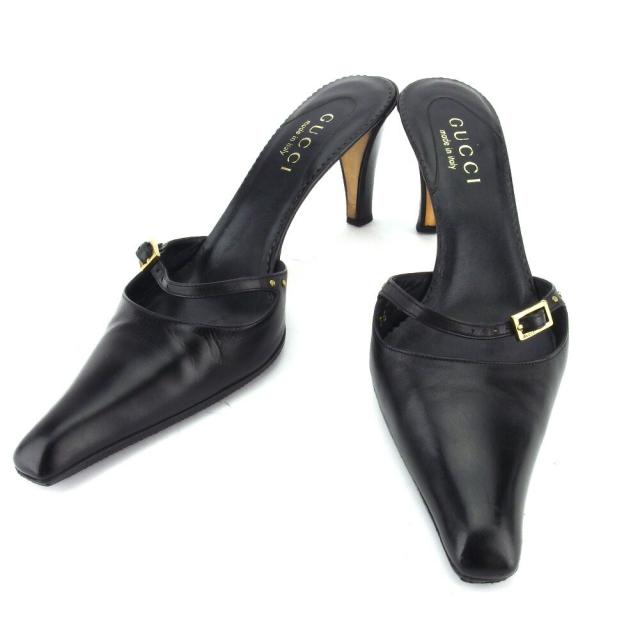 【BIGお買い物ラリー★30%OFFセール中】グッチ GUCCI パンプスベルトストラップ ♯36C スクエアトゥ ブラック ゴールド レディース 中古