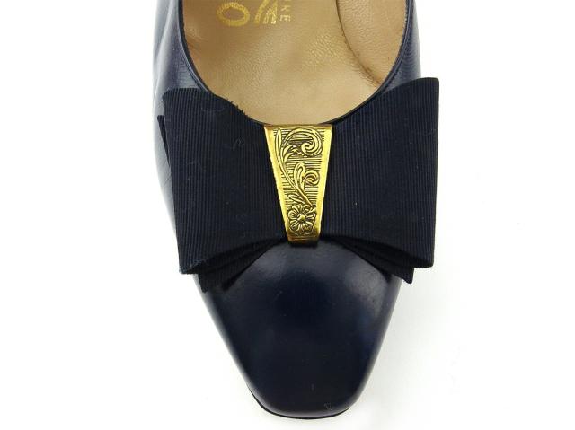 【30％OFF★週末タイムSALE】サルヴァトーレフェラガモ Salvatore Ferragamo パンプスリボン ♯6ハーフD スクエアトゥ ネイビー ゴールド レディース 中古_10