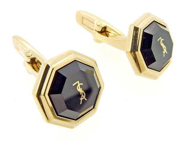 【30％OFF★週末タイムセール】サンローラン SAINT LAURENT カフスYSLロゴ 八角形 スウィヴル式 ブラック ゴールド レディース 中古_6