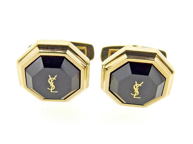 【30％OFF★週末タイムセール】サンローラン SAINT LAURENT カフスYSLロゴ 八角形 スウィヴル式 ブラック ゴールド レディース 中古_7
