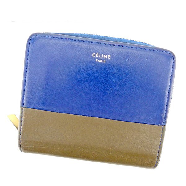 【BIGお買い物ラリー★30%OFFセール中】セリーヌ CELINE 二つ折り財布バイカラー ブルー グレー 灰色 ゴールド レディース 中古