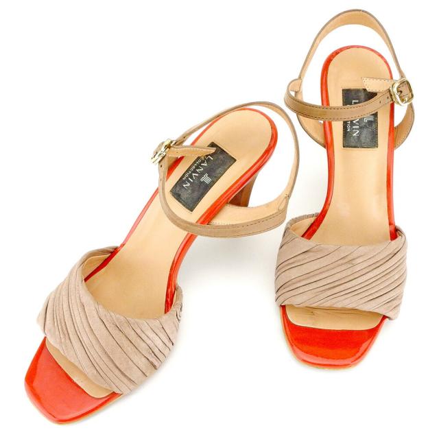 【X'masセール★30%OFF】ランバン LANVIN サンダルティアードバンド ♯24ハーフ アンクルストラップ ブラウン オレンジ ゴールド レディース 中古