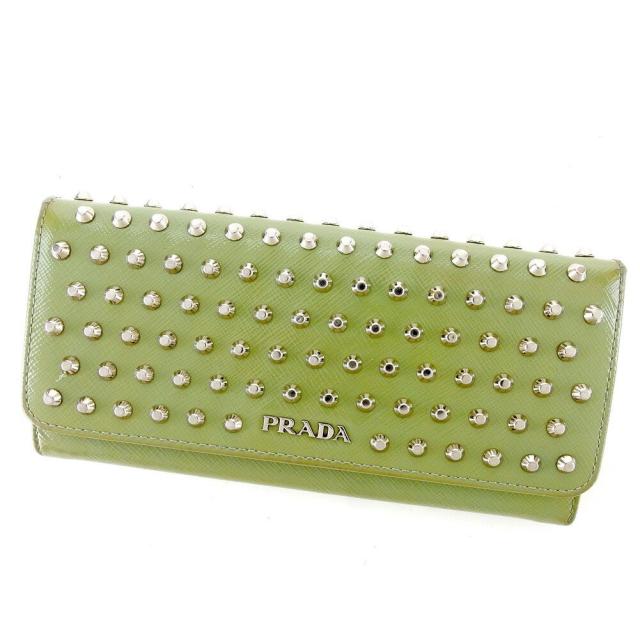 【BIGお買い物ラリー★30%OFFセール中】プラダ PRADA 長財布スタッズ グリーン シルバー ブルー レディース 中古