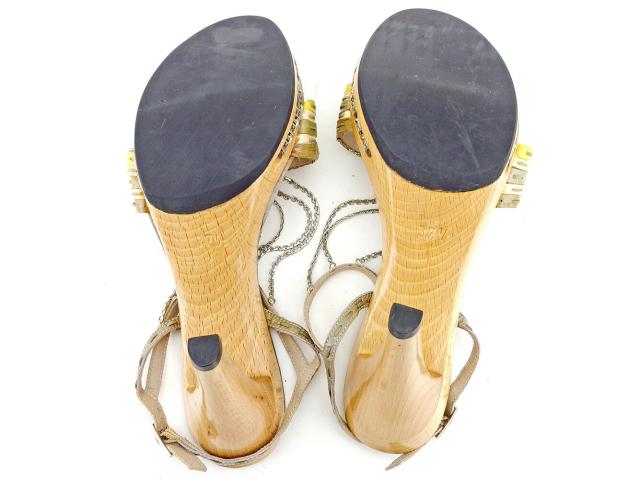 【X'masセール★30%OFF】フェンディ FENDI サンダルチェーン ♯37ハーフ アンクルストラップ ベージュ グリーン イエロー系 レディース 中古 フェンディ FENDI サンダルチェーン ♯37ハーフ アンクルストラップ