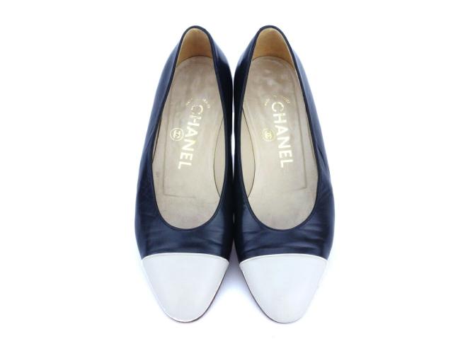 【30％OFF★週末タイムセール】シャネル CHANEL パンプスバイカラー ♯35ハーフEF ラウンドトゥ ネイビー ホワイト 白 レディース 中古_1