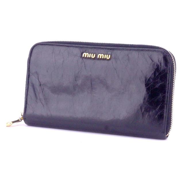 【BIGお買い物ラリー★30%OFFセール中】ミュウミュウ MIUMIU 長財布ロゴ ブラック ゴールド ブルー レディース 中古