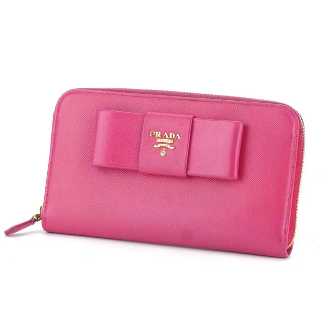 【BIGお買い物ラリー★30%OFFセール中】プラダ PRADA 長財布リボンモチーフ ピンク ゴールド レディース 中古