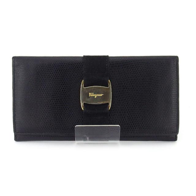 【BIGお買い物ラリー★30%OFFセール中】サルヴァトーレフェラガモ Salvatore Ferragamo 長財布ヴァラ リザード調 ブラック ゴールド レディース 中古