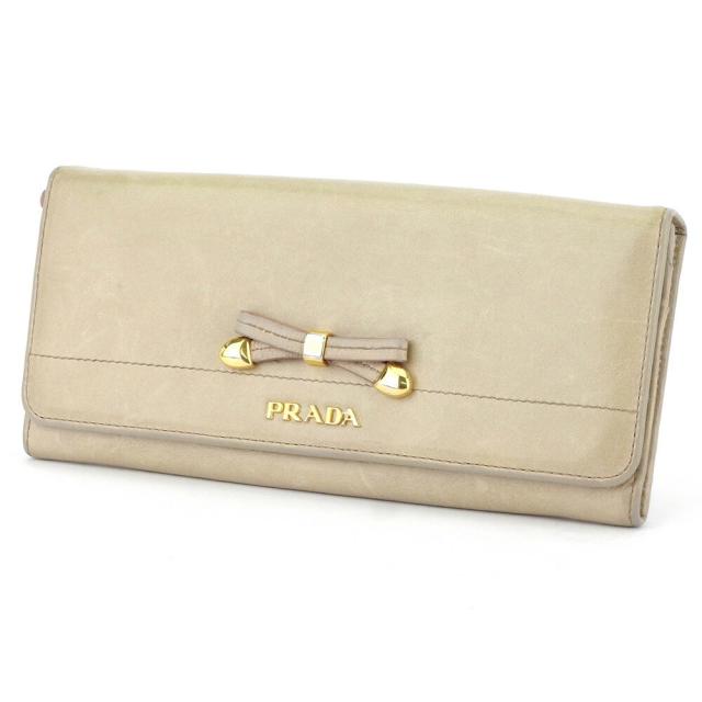 【X'masセール★30%OFF】プラダ PRADA 長財布リボン ベージュ ピンク ゴールド レディース 中古
