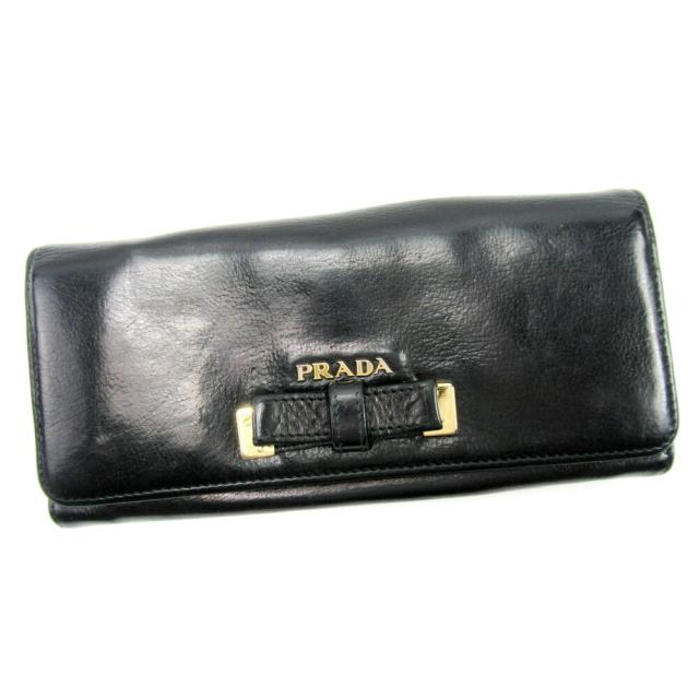 【BIGお買い物ラリー★30%OFFセール中】プラダ PRADA 長財布リボンモチーフ ブラック レディース 中古