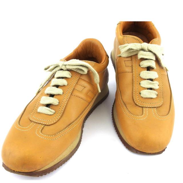 HERMES クイック レザー スニーカー size37 1/2 ベージュ エルメス エルメス レザー スニーカー クイック Hロゴ 黒 サイズ37 レディース靴