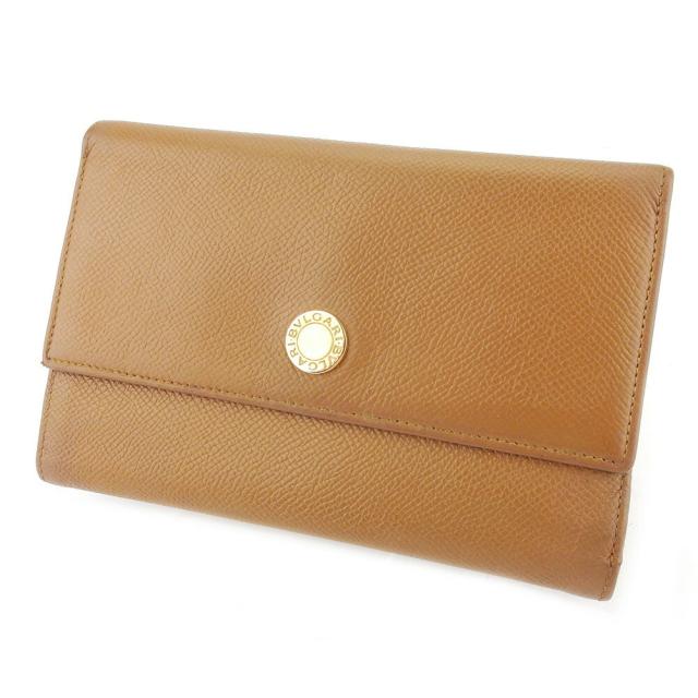 【BIGお買い物ラリー★30%OFFセール中】ブルガリ BVLGARI 三つ折り財布ロゴボタン ライトブラウン ゴールド レディース 中古