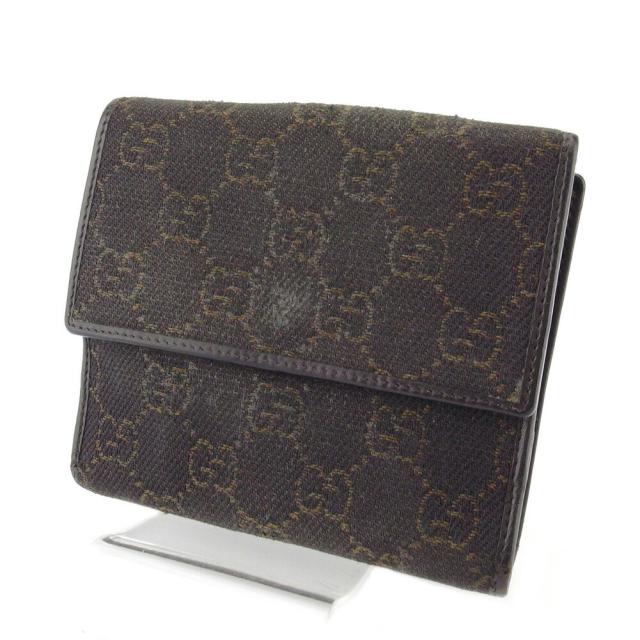 【BIGお買い物ラリー★30%OFFセール中】グッチ GUCCI 二つ折り財布GGキャンバス ブラウン ベージュ シルバー レディース 中古