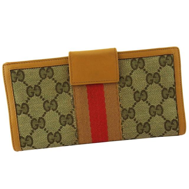 【X'masセール★30%OFF】グッチ GUCCI 長財布GGキャンバス シェリーライン ベージュ ブラウン レッド レディース 中古