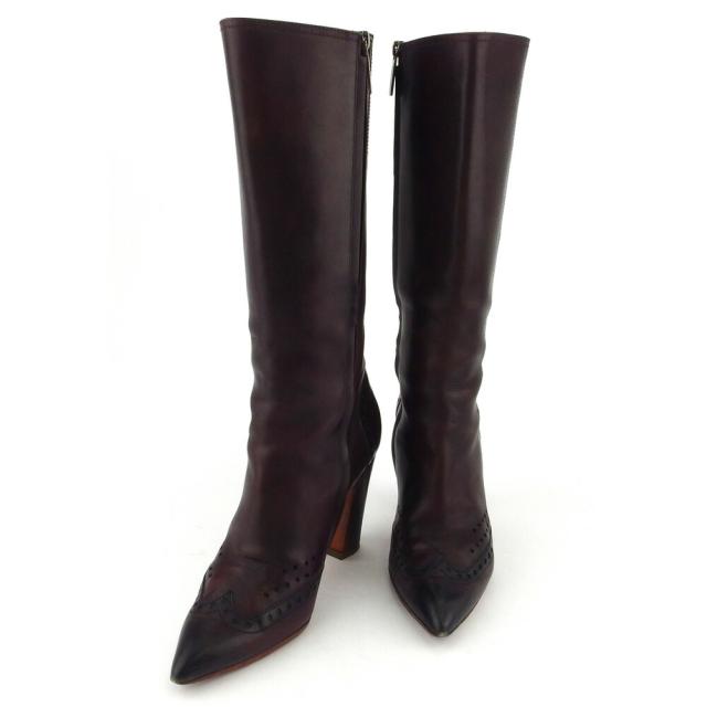 【30％OFF★土日ひと休み大売り出し】サントーニ Santoni ブーツメダリオン ♯37 ロングブーツ パープル しろがね色 レディース 中古