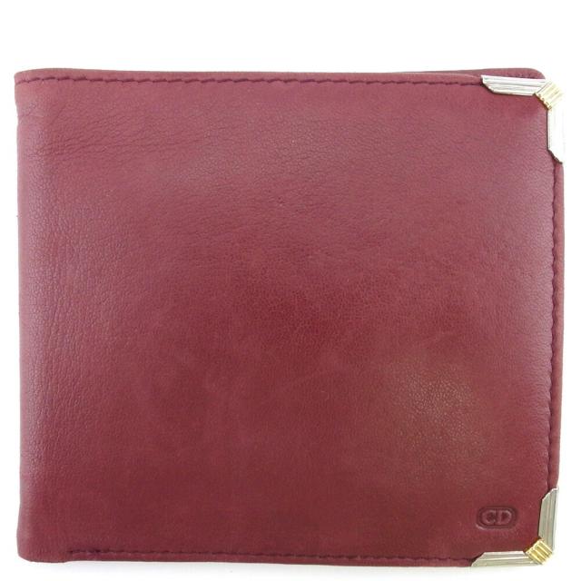 【BIGお買い物ラリー★30%OFFセール中】ディオール Dior 二つ折り財布CDマーク ボルドー シルバー ゴールド レディース 中古