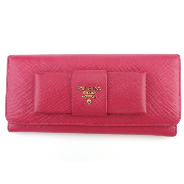 【BIGお買い物ラリー★30%OFFセール中】プラダ PRADA 長財布リボン ピンク ゴールド レディース 中古