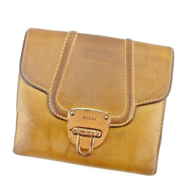 【X'masセール★30%OFF】グッチ GUCCI 二つ折り財布ロゴプレート ベージュ ブラウン系 レディース 中古