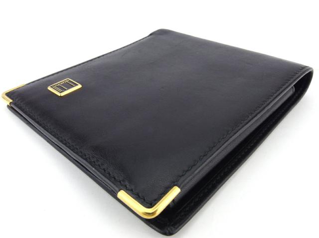 【週末タイムSALE★30%OFF】ダンヒル Dunhill 二つ折り財布ロゴプレート ブラック ゴールド レディース 中古