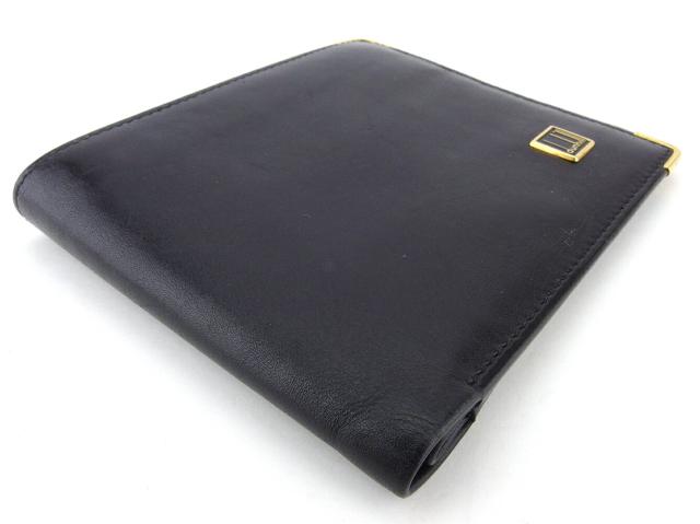【週末タイムSALE★30%OFF】ダンヒル Dunhill 二つ折り財布ロゴプレート ブラック ゴールド レディース 中古