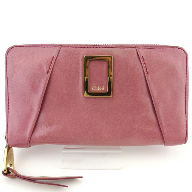 【BIGお買い物ラリー★30%OFFセール中】クロエ Chloe 長財布エテル スクエアプレート ピンク ベージュ ゴールド レディース 中古