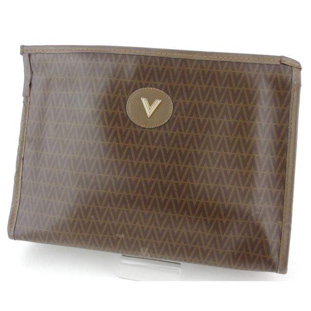 【BIGお買い物ラリー★30%OFFセール中】マリオ・ヴァレンティノ MARIO VALENTINO クラッチバッグVマーク ブラウン ベージュ ゴールド レディース 中古