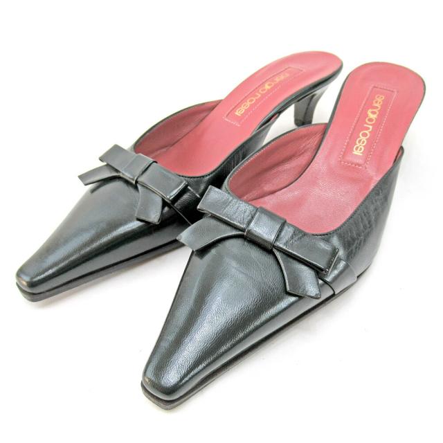 【BIGお買い物ラリー★30%OFFセール中】セルジオロッシ Sergio Rossi ミュールリボンモチーフ ＃35ハーフ ブラック レディース 中古