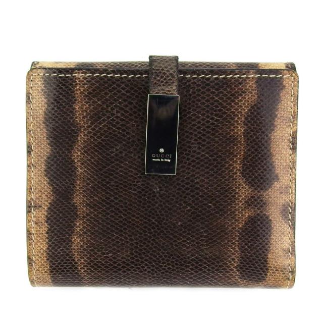 【BIGお買い物ラリー★30%OFFセール中】グッチ GUCCI 二つ折り財布リザード調 ブラウン ベージュ シルバー レディース 中古