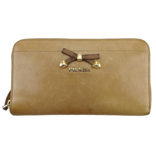 【BIGお買い物ラリー★30%OFFセール中】プラダ PRADA 長財布リボン ベージュ ゴールド ピンク レディース 中古
