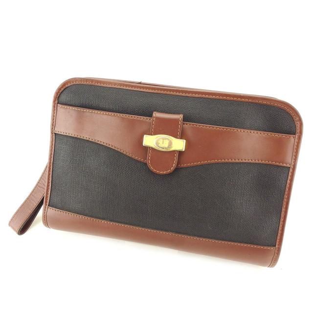 【BIGお買い物ラリー★30%OFFセール中】ダンヒル Dunhill クラッチバッグヘリンボーン ブラック ブラウン ゴールド レディース 中古