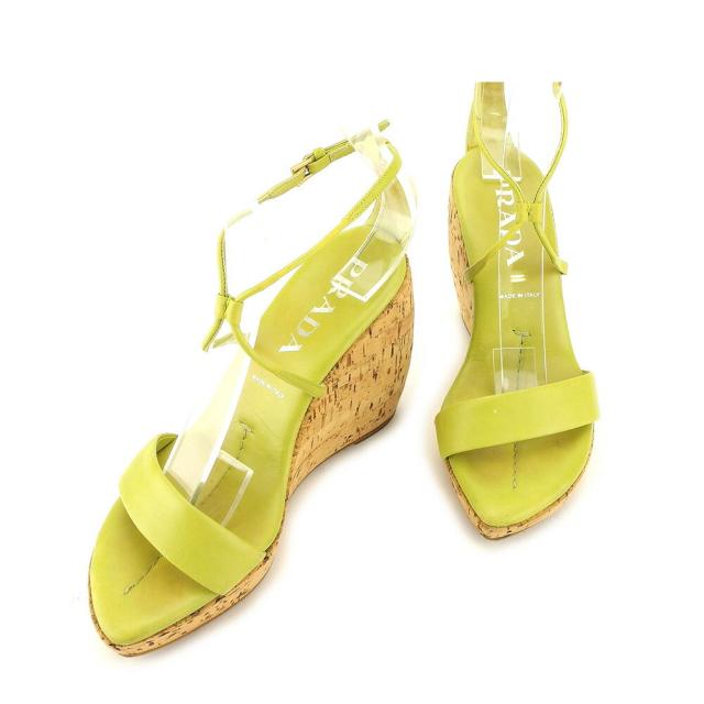 【X'masセール★30%OFF】プラダ PRADA サンダルウェッジソール ♯34ハーフ アンクルストラップ グリーン ベージュ ゴールド レディース 中古