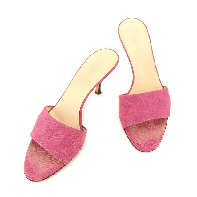 【BIGお買い物ラリー★30%OFFセール中】グッチ GUCCI ミュールGGキャンバス ♯37ハーフC サンダル ピンク ブラウン レディース 中古